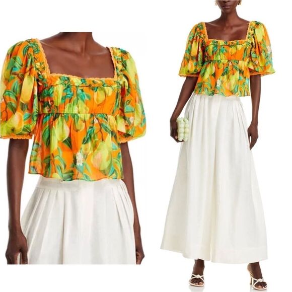 NWT Farm Rio Orange Chic Pears Short Sleeve Blouse Size Medium $148 - Picture 7 of 12